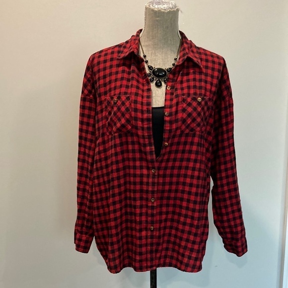 Forever21 Red Black Buffalo Plaid Long Sleeve Flannel Shirt Size Large Oversized - Picture 13 of 14